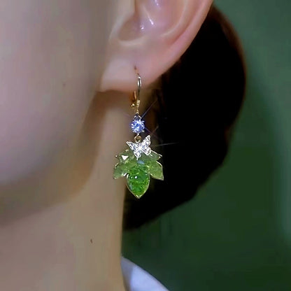 14k Gold-Plated Luxury Green Crystal Leaf Earrings