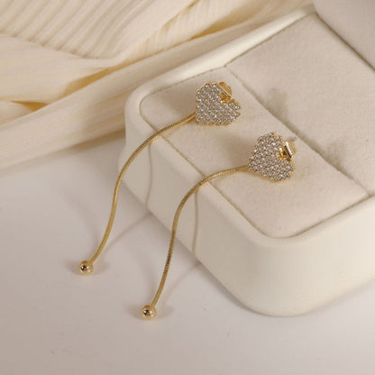 14k Gold-Plated Zircon Heart Long Tassel Earrings