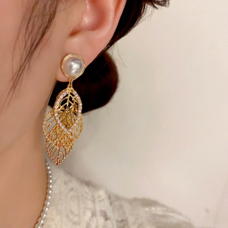 14k Gold-Plated Zircon Pearl Leaf Tassel Earrings