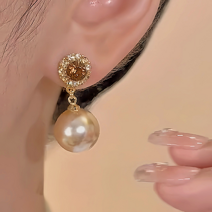 18K Gold-Plated Brown Diamond Pearl Earrings
