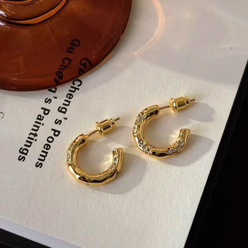 18K Gold-Plated Diamond-Studded C-Shaped Earrings