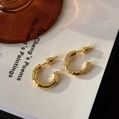 18K Gold-Plated Diamond-Studded C-Shaped Earrings