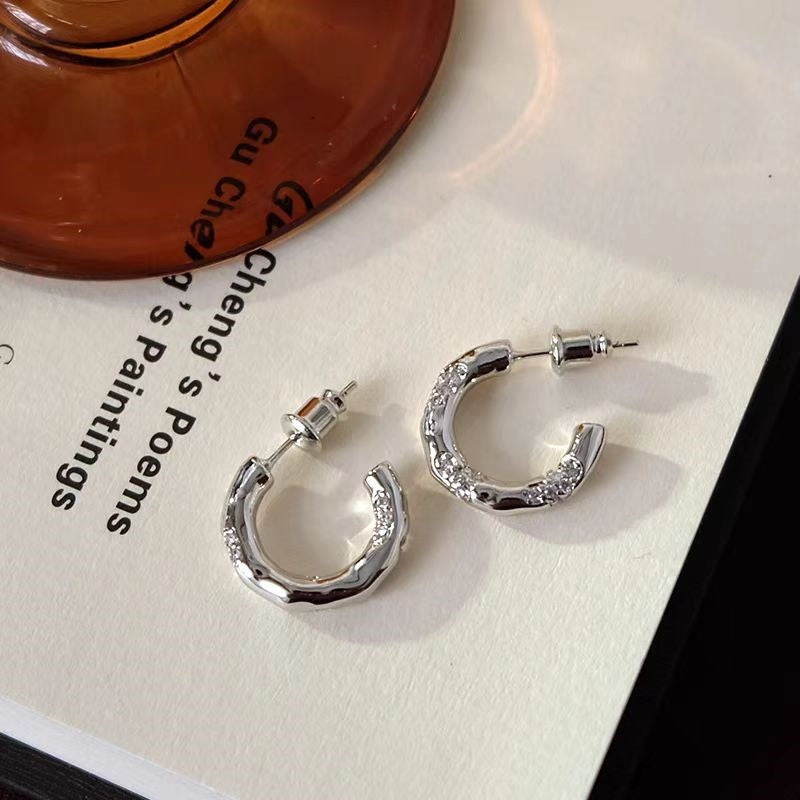 18K Gold-Plated Diamond-Studded C-Shaped Earrings