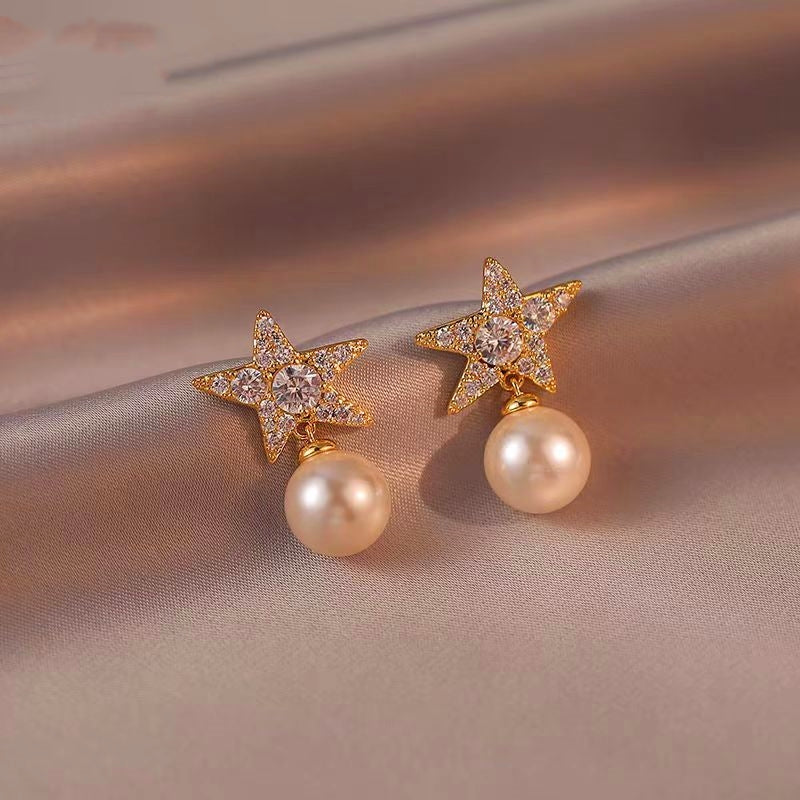 18K Gold-Plated Diamond Star Pearl Earrings