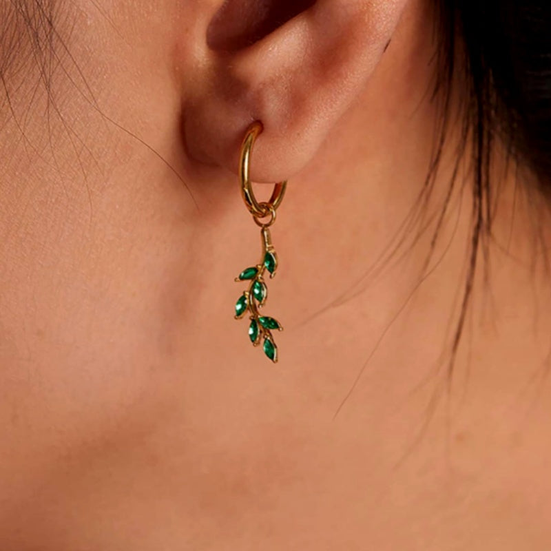 18K Gold-Plated Green Zircon Leaf Earrings