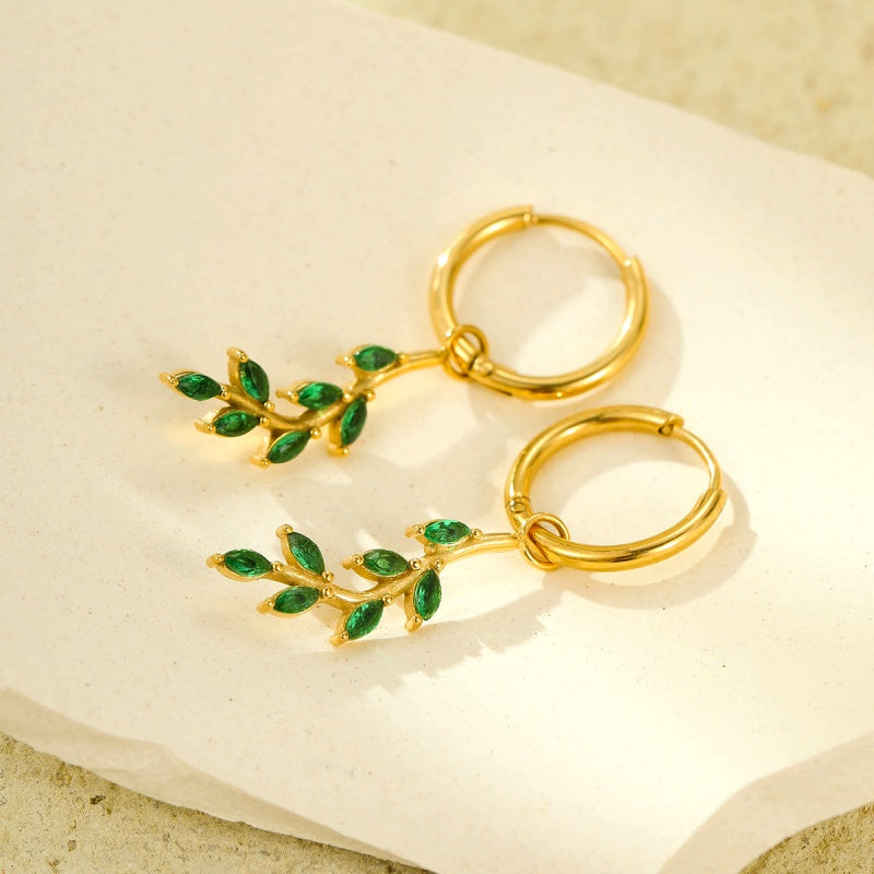 18K Gold-Plated Green Zircon Leaf Earrings