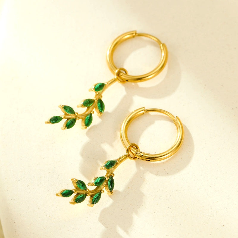 18K Gold-Plated Green Zircon Leaf Earrings
