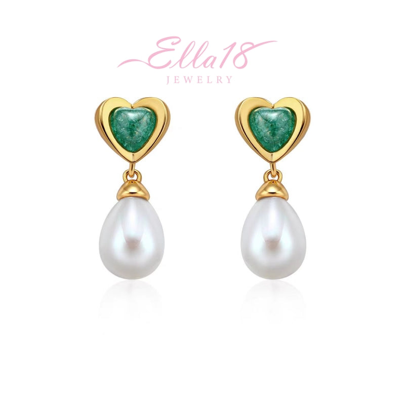 18K Gold-Plated Ice Crystal Heart Pearl Earrings