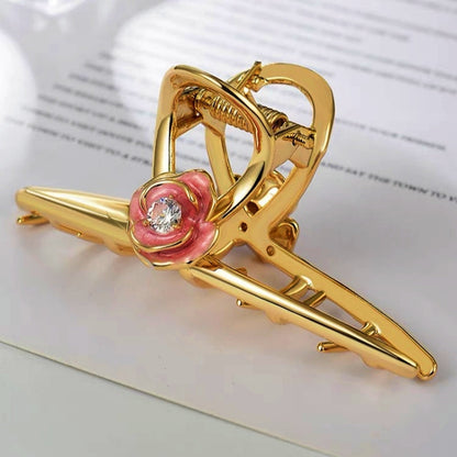 18K Gold-Plated Pink Hand-Painted Camellia With Diamond Small Size Clips