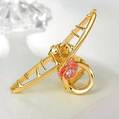 18K Gold-Plated Pink Hand-Painted Camellia With Diamond Small Size Clips