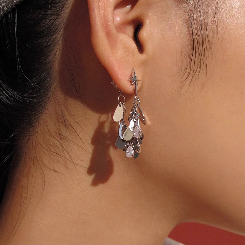 18K Gold-Plated Polished Eight-Pointed Star Tassel Two-Piece Earrings