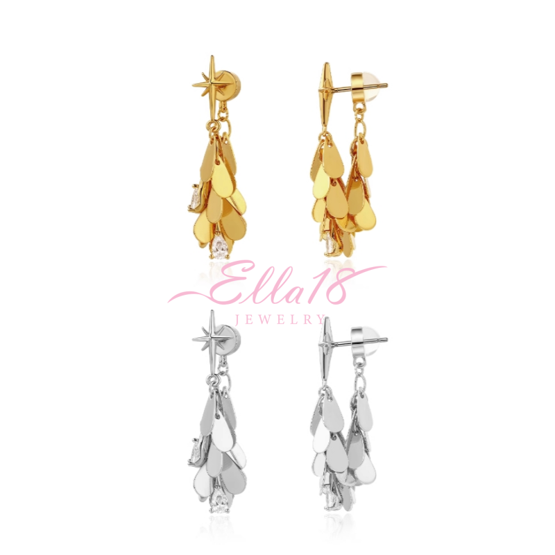 18K Gold-Plated Polished Eight-Pointed Star Tassel Two-Piece Earrings