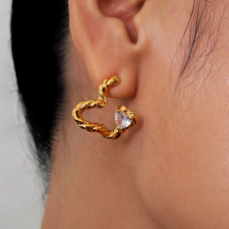 18K Gold-Plated Twisted Zircon Heart Earrings