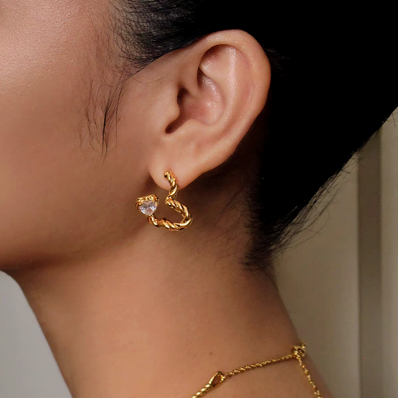 18K Gold-Plated Twisted Zircon Heart Earrings