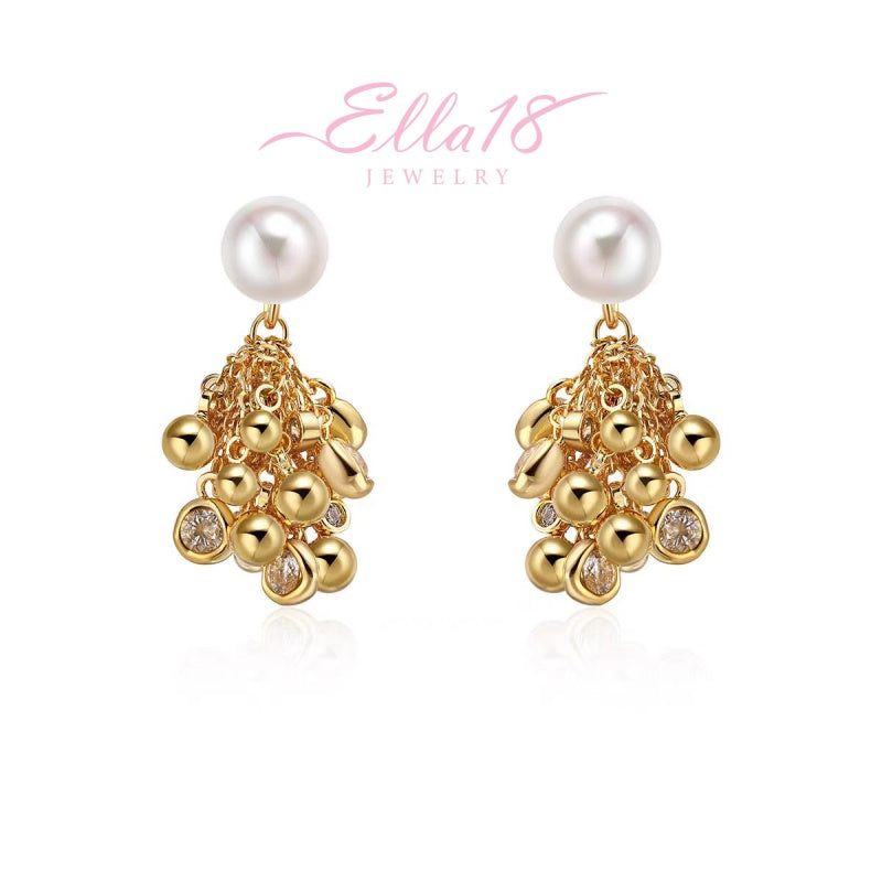 18K Gold-Plated Zircon Ball Pearl Tassel Earrings