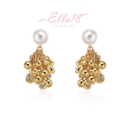 18K Gold-Plated Zircon Ball Pearl Tassel Earrings