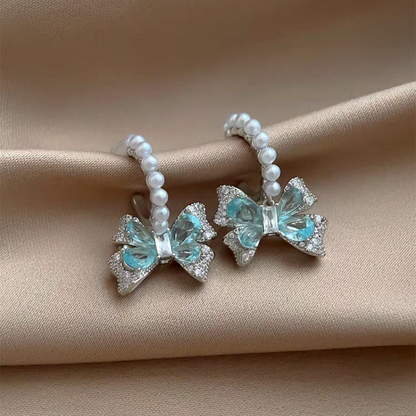 18K Gold-Plated Zircon Bow Pearl Earrings