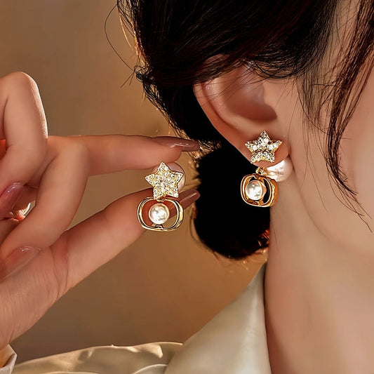 18K Gold-Plated Zircon Diamond Star Pearl Earrings