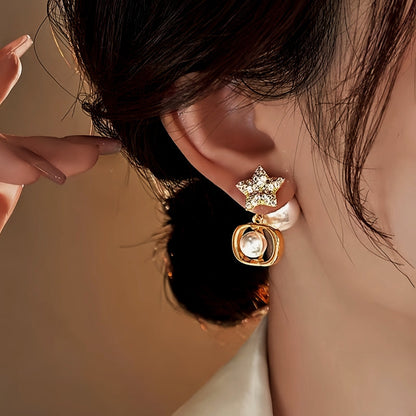 18K Gold-Plated Zircon Diamond Star Pearl Earrings