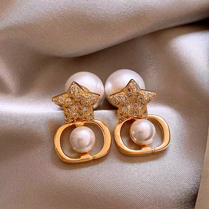 18K Gold-Plated Zircon Diamond Star Pearl Earrings