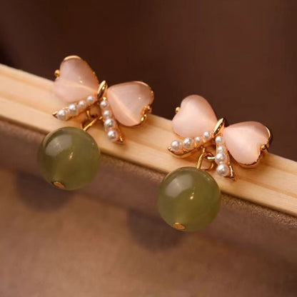 18K Gold-plated Natural Hetian Jade Jasper Pearl Bow Earrings