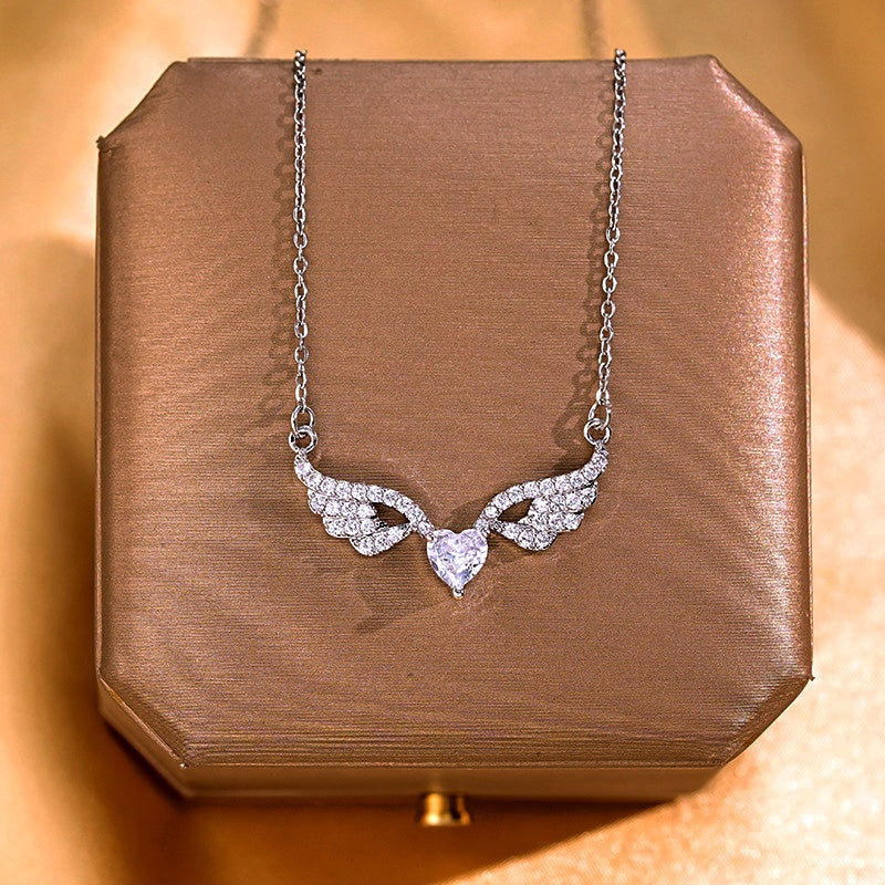Diamond Heart Angel Wing Necklace