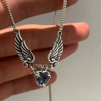 Diamond Heart Crown Angel Wing Necklace
