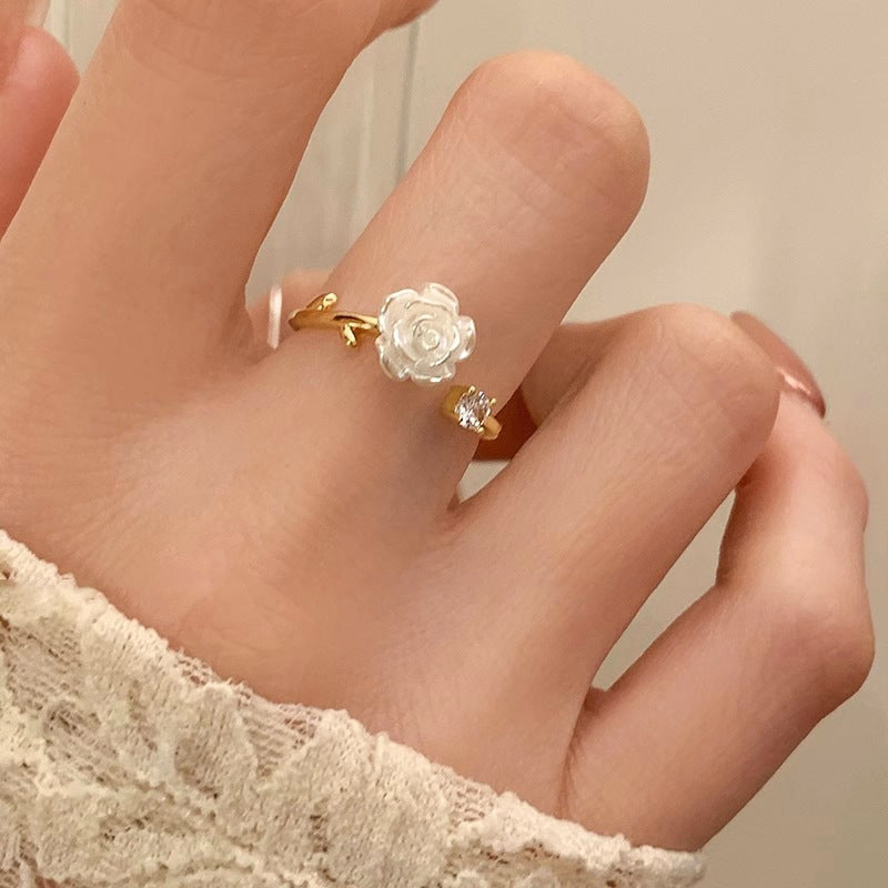 Gold Plated Camellia Flower Diamond Zircon Ring