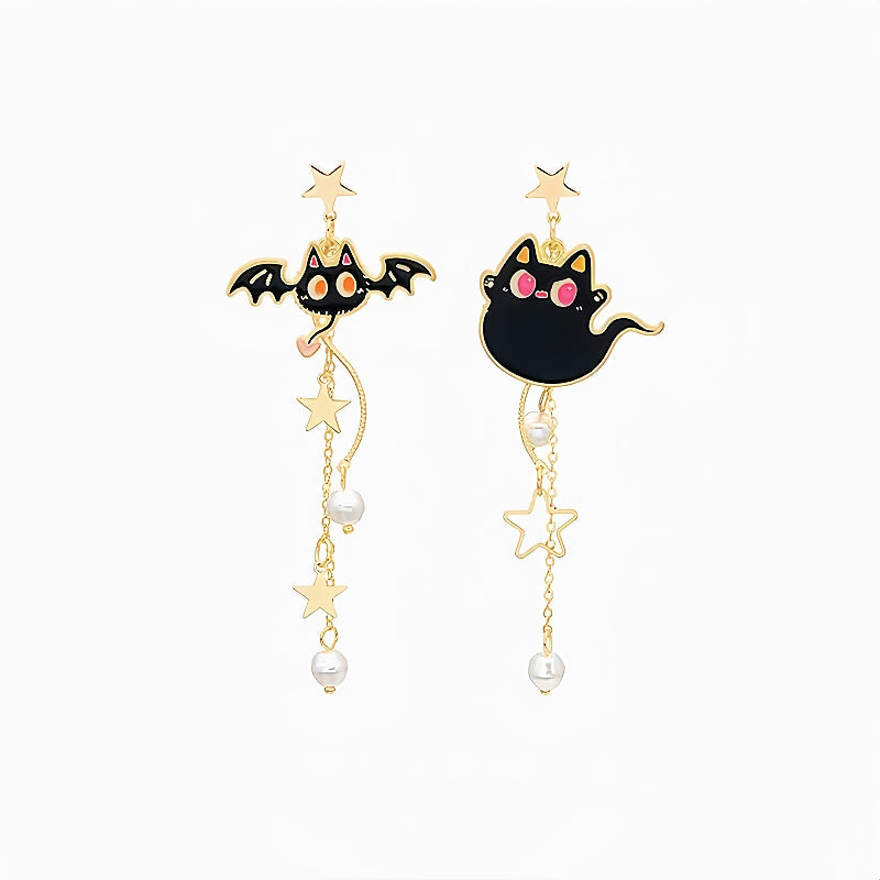 Halloween 14K Gold-Plated Bat Asymmetrical Pearl Tassel Earrings
