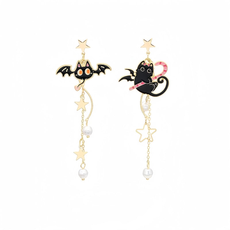 Halloween 14K Gold-Plated Bat Asymmetrical Pearl Tassel Earrings