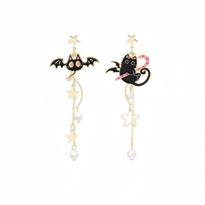 Halloween 14K Gold-Plated Bat Asymmetrical Pearl Tassel Earrings
