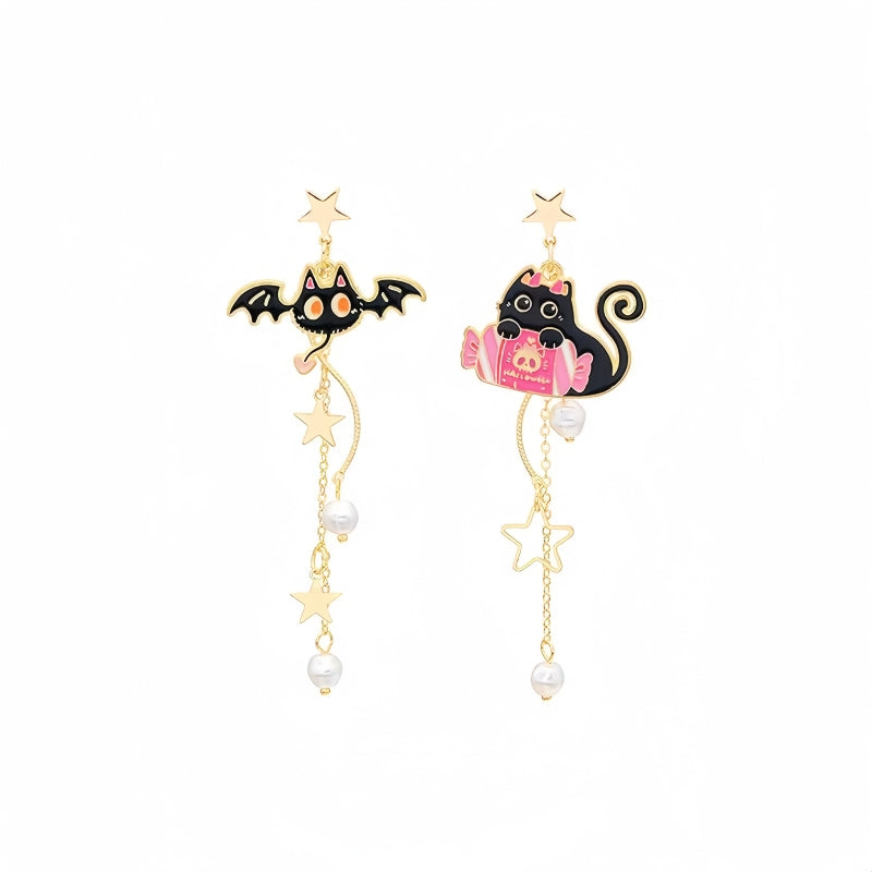 Halloween 14K Gold-Plated Bat Asymmetrical Pearl Tassel Earrings