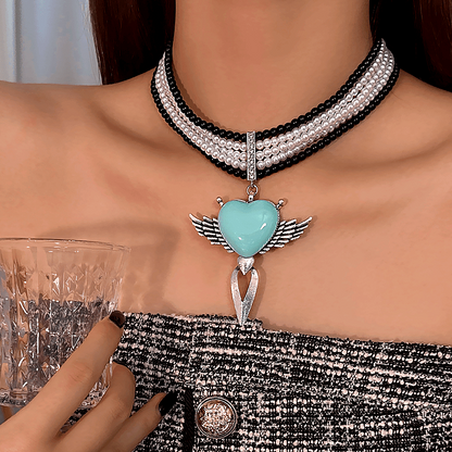 Pearl Heart Wings Necklace