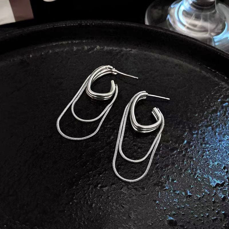 Silver Post 14K Gold-Plated C-Shaped Double-Layer Chain Earrings