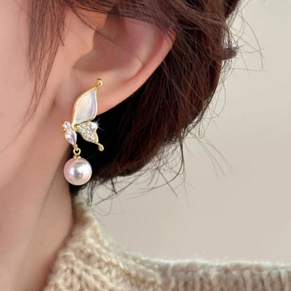 Silver Post Butterfly Pearl Earrings