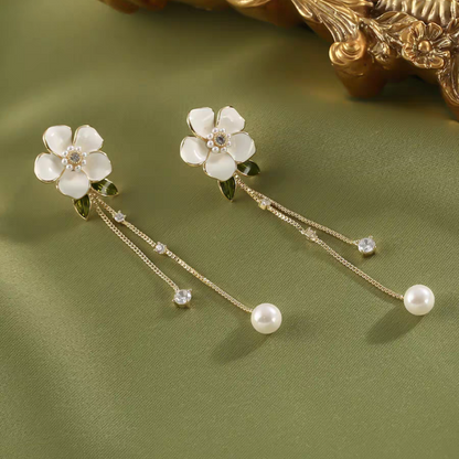 Silver Post Camellia White Flower Earrings