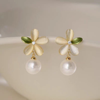 Silver Post Cat's Eye Flower Pearl Earrings