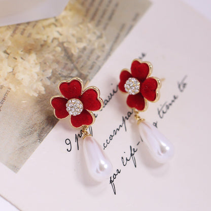 Silver Post Color Flocked Four-Leaf Flower Artificial PearlvEarrings