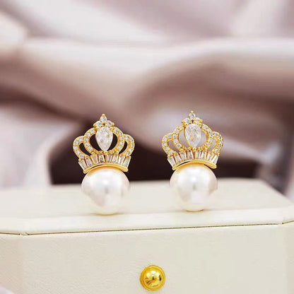 Silver Post Crown Pearl Earrings