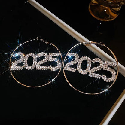 Silver Post Diamond 2025 New Year Hoop Earrings