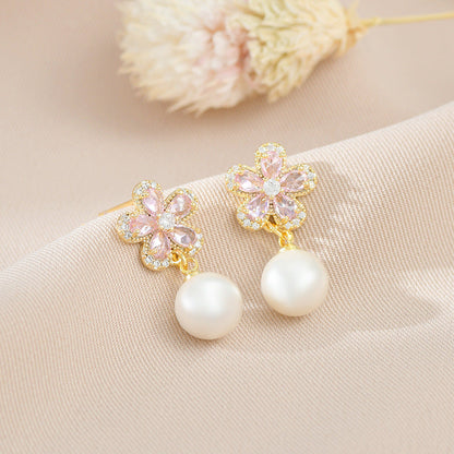 Silver Post Diamond Artificial Pearl Petal Earrings