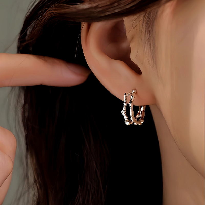 Silver Post Double-Layer Plain Hoop Earrings