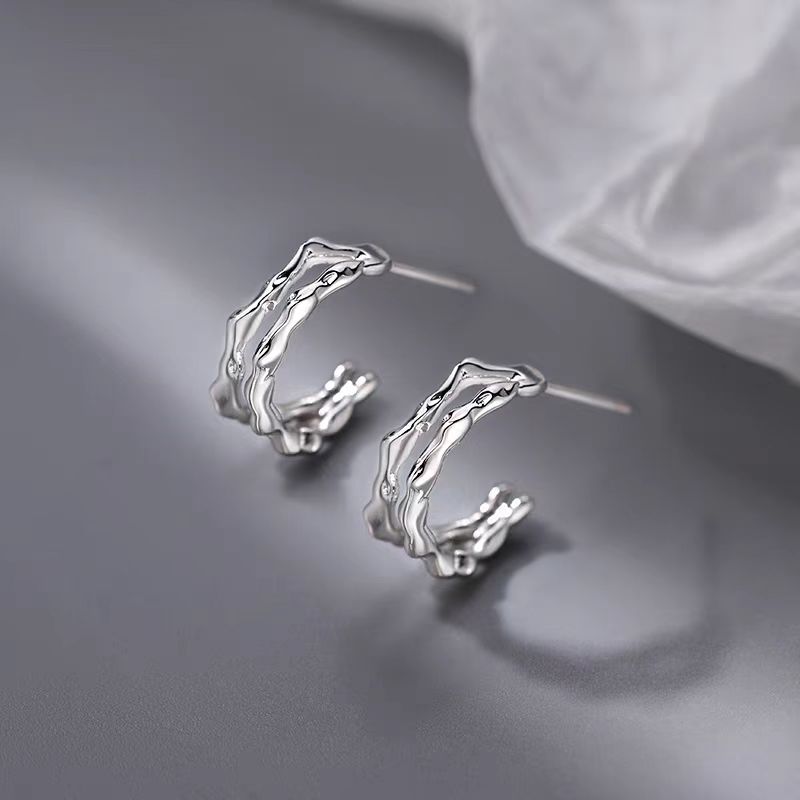 Silver Post Double-Layer Plain Hoop Earrings