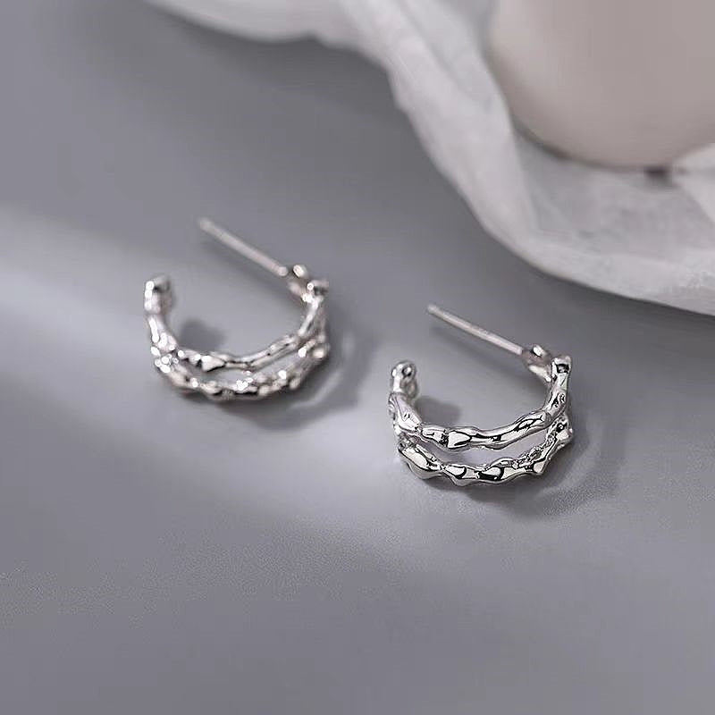 Silver Post Double-Layer Plain Hoop Earrings