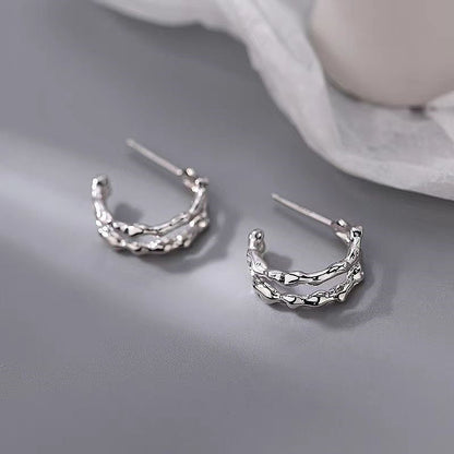 Silver Post Double-Layer Plain Hoop Earrings