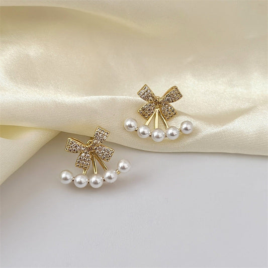 Silver Post Bow Pearl Jacket Earrings