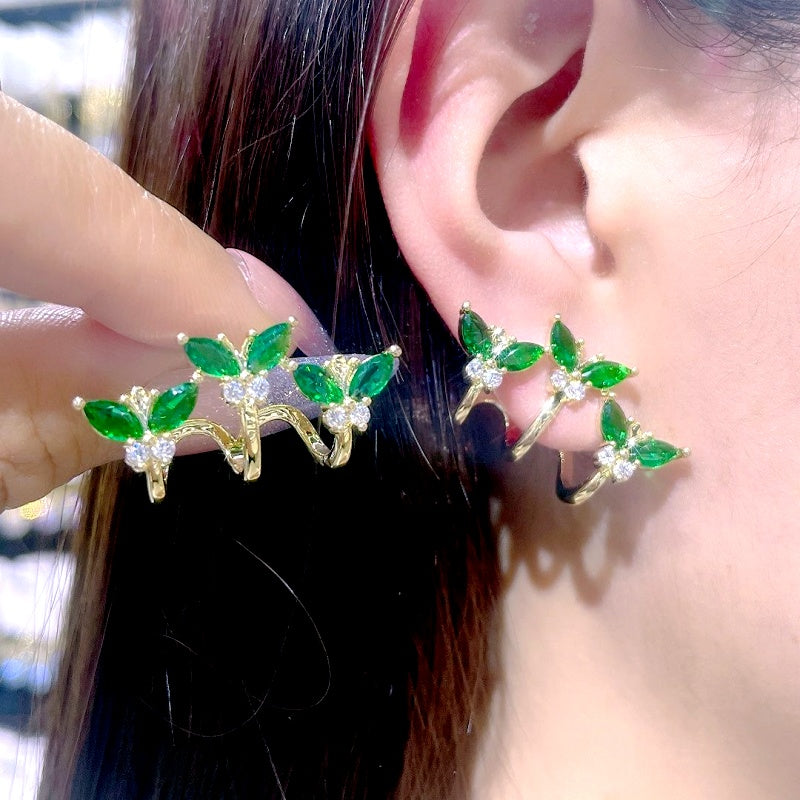 Silver Post Elegant Green Rhinestone Butterfly Stud Earrings