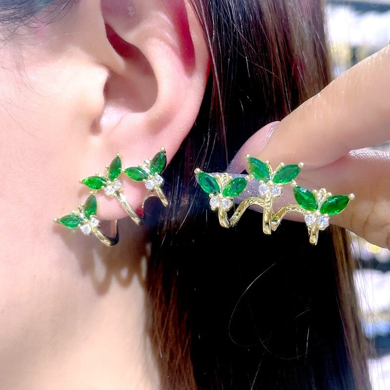 Silver Post Elegant Green Rhinestone Butterfly Stud Earrings