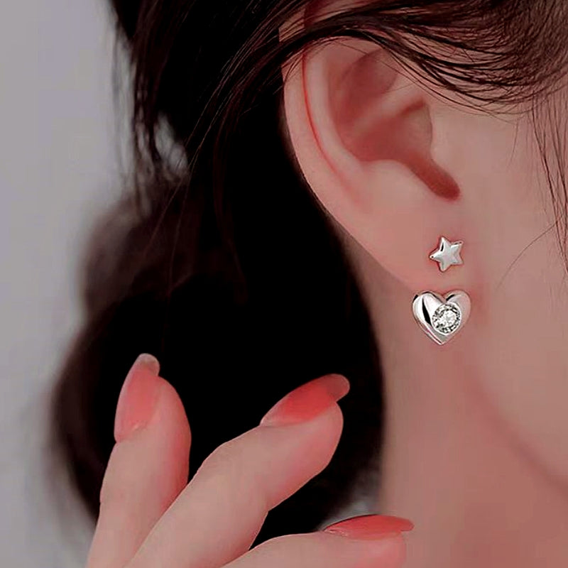 Silver Post Heart-Design Star Earrings