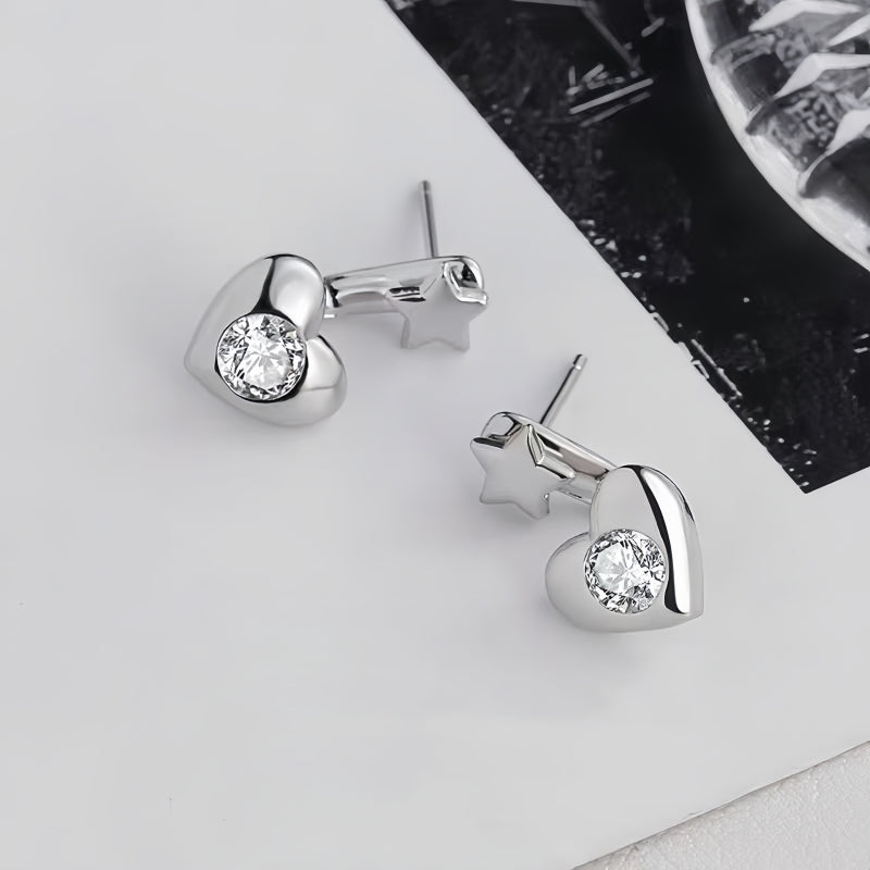 Silver Post Heart-Design Star Earrings